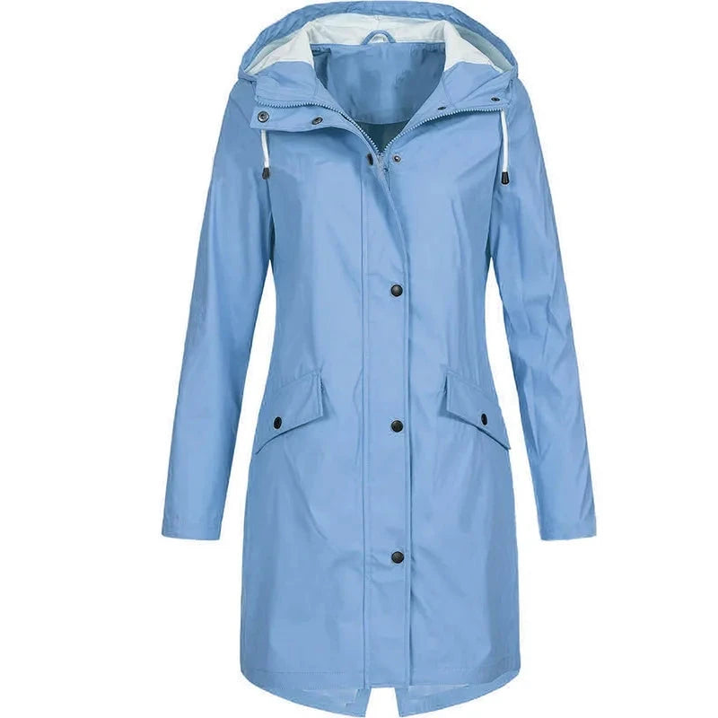 Women Casual Solid Color Long Coat Waterproof Zipper Rain GlowCart