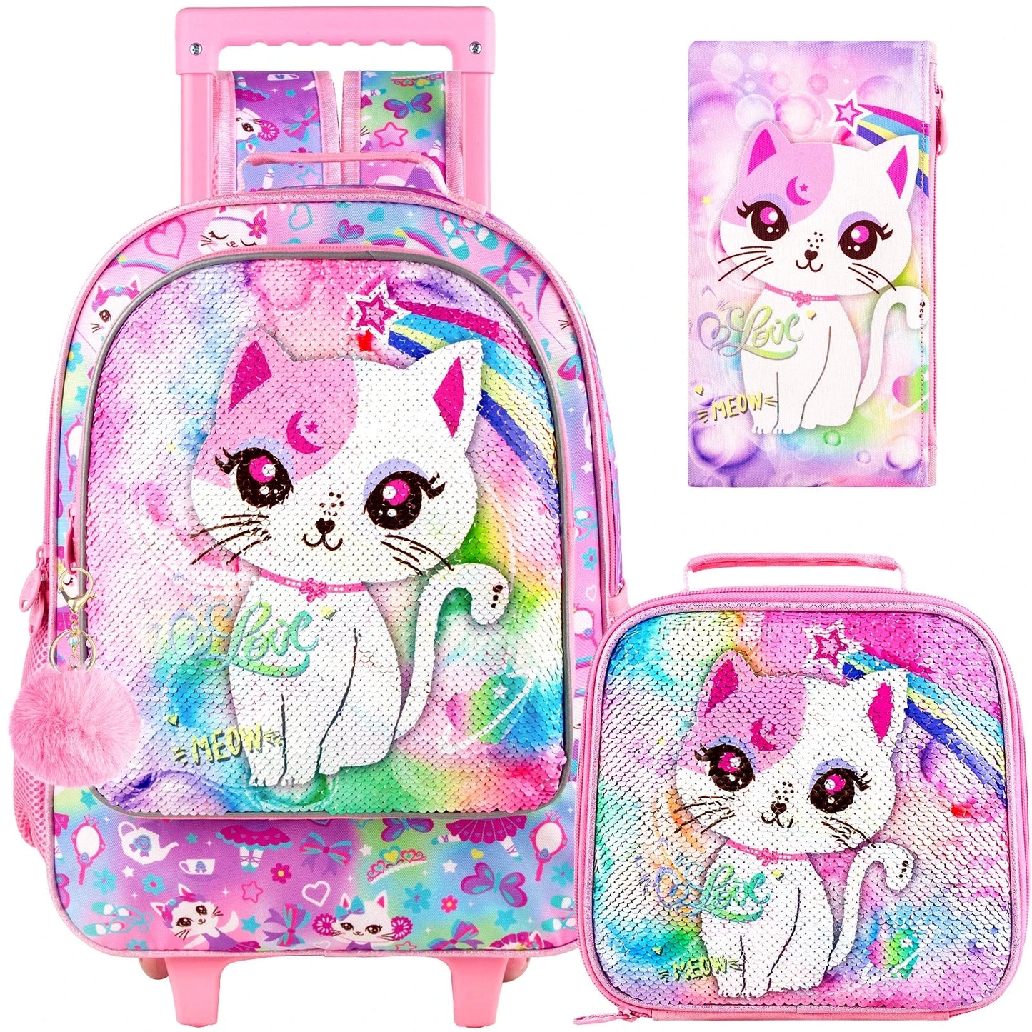 4PCS Rolling Backpack for Girls, Kids Cat Roller Wheels School Bookbag with Lunch Bag, Wheeled School Bag for Toddler Elementary GlowCart