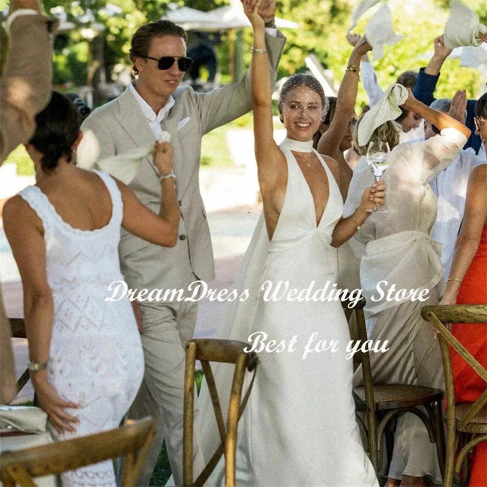 DREAM Customized Simple V-Neck Halter Mermaid Crepe Wedding GlowCart