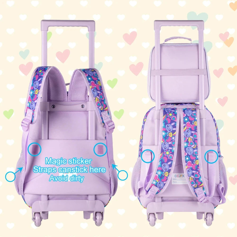 3PCS Rolling Backpack for Girls and Boys, Kids Roller Wheels Bookbag, Wheeled Elementary School Bag with Lunch Bag GlowCart