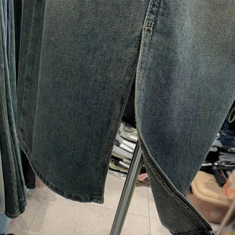 2023 Autumn New Women's High-Waisted Long Denim Skirt With Double Pocket Side Slit Slimming Draped Straight-Leg Loose Fit GlowCart