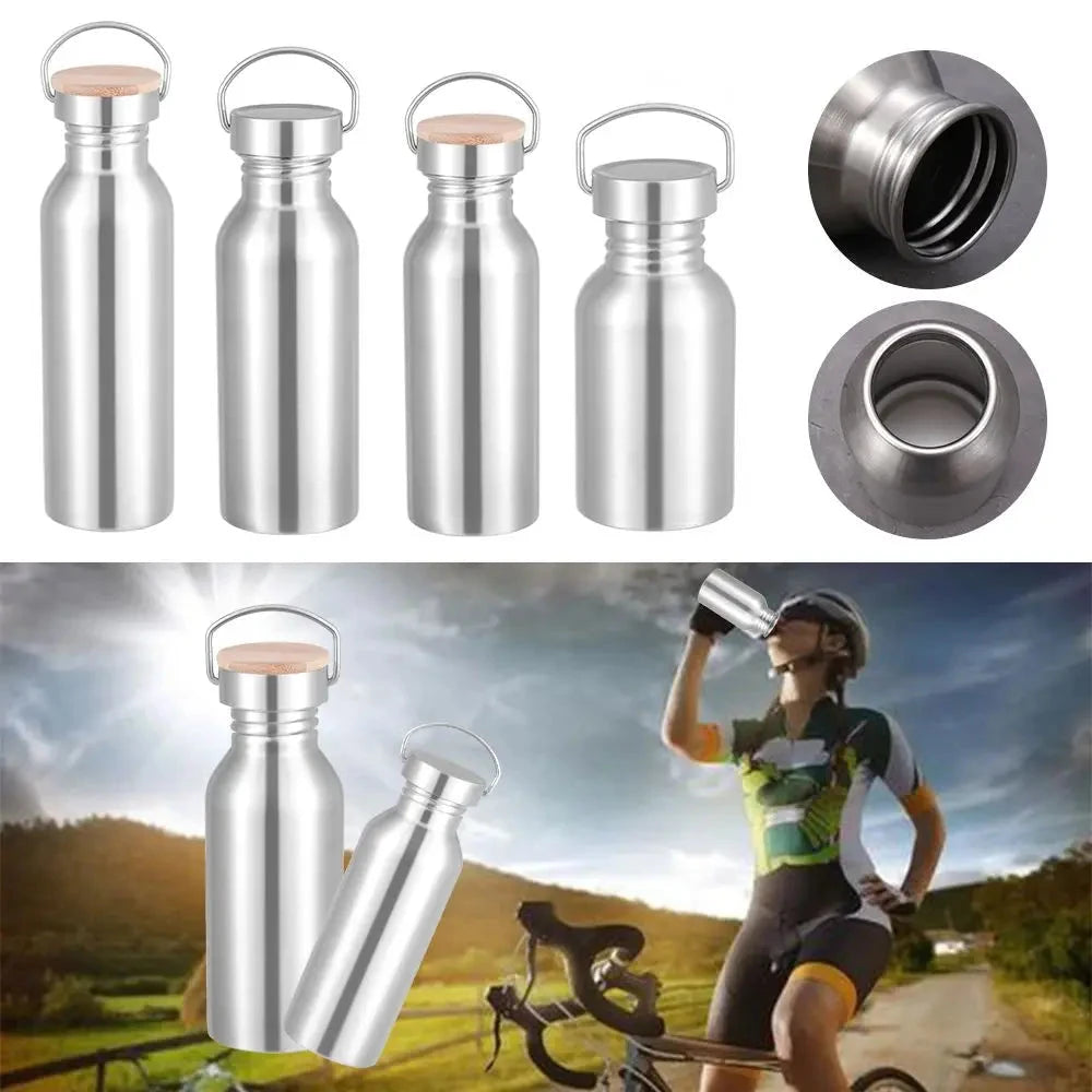 Simple Single Walled Water Bottle Leak-Proof Stainless Steel Bicycle Water Bottles Bamboo Lid Metal Flask Portable Sports Kettle GlowCart