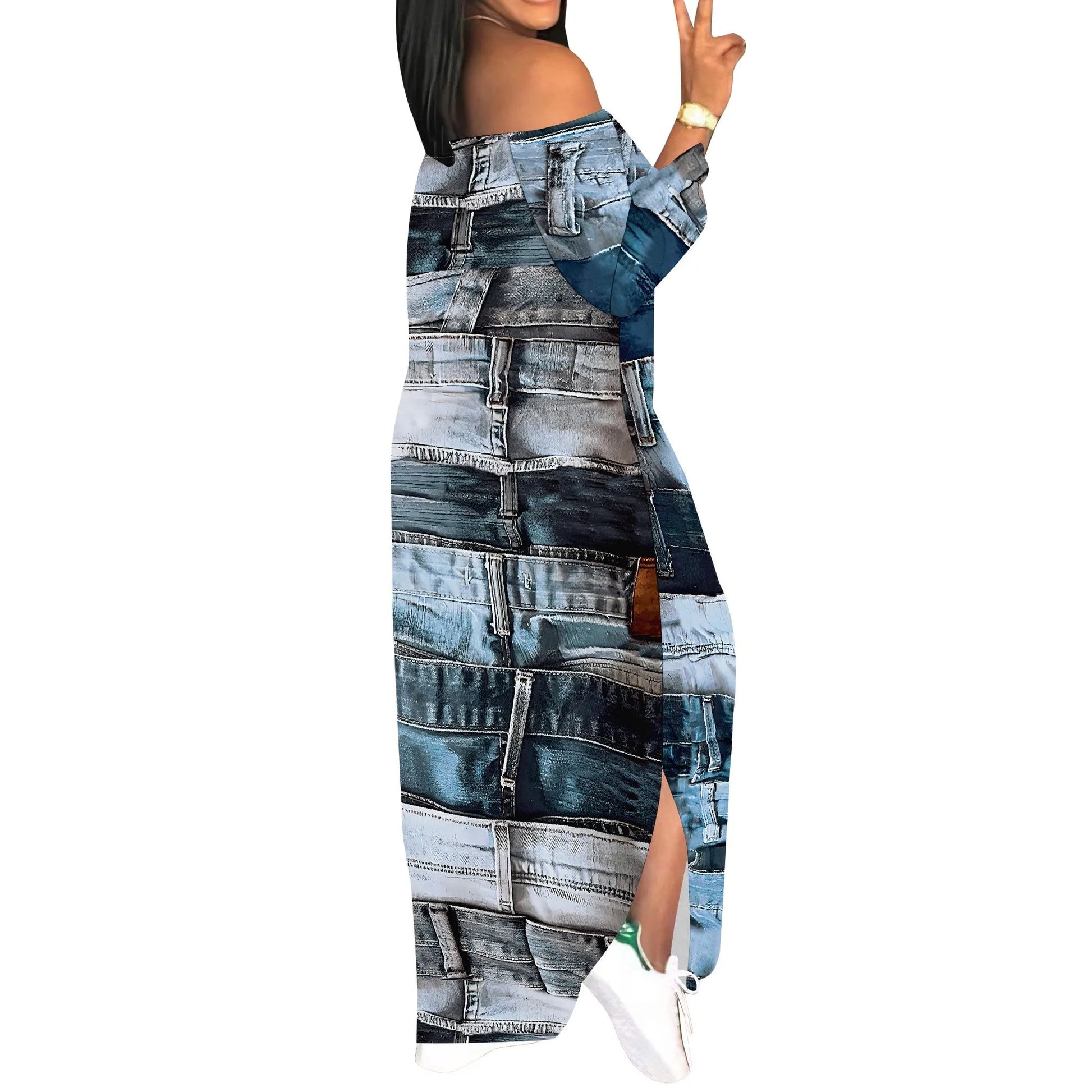 Denim Retro Print Long Sleeve Slim Fit Elegant Casual Slit One-Shoulder Neck Dress GlowCart