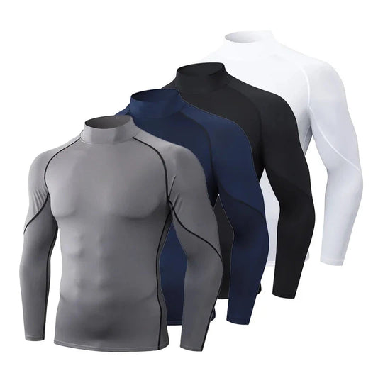 Men's High neck Long Sleeve Compression Shirts Cool Dry Sun Protection Sports Tights Undershirts Running Gym Tops GlowCart