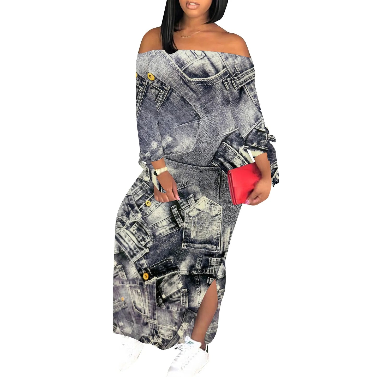Denim Retro Print Long Sleeve Slim Fit Elegant Casual Slit One-Shoulder Neck Dress GlowCart