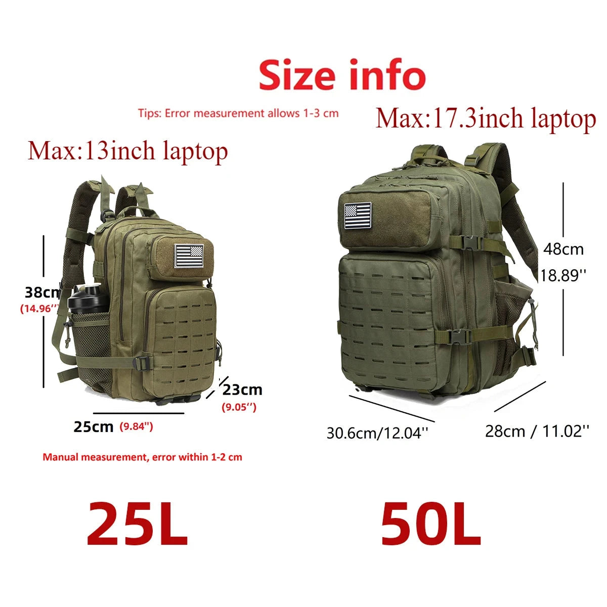 25L/50L Tactical Backpack Bag Hunting MOLLE Backpack GYM For GlowCart