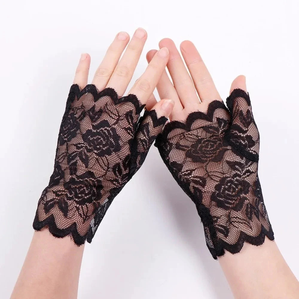 Women Short Lace Hollow-Out Fingerless Gloves Sun Protection GlowCart