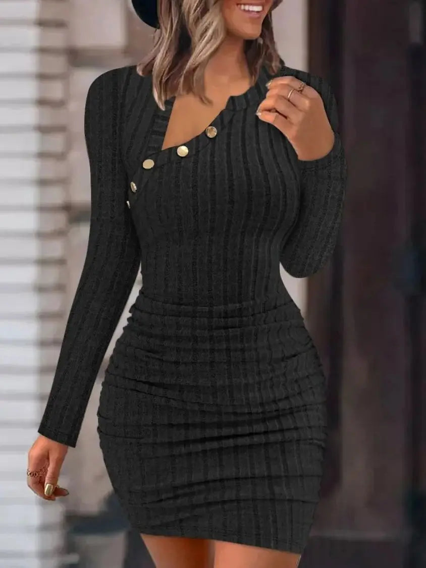 Button Crewneck Bodycon Dresses for Women Solid Color Ribbed Mini Wrap Dress Slim Fit Ruched Knitted Sweaters Dress GlowCart