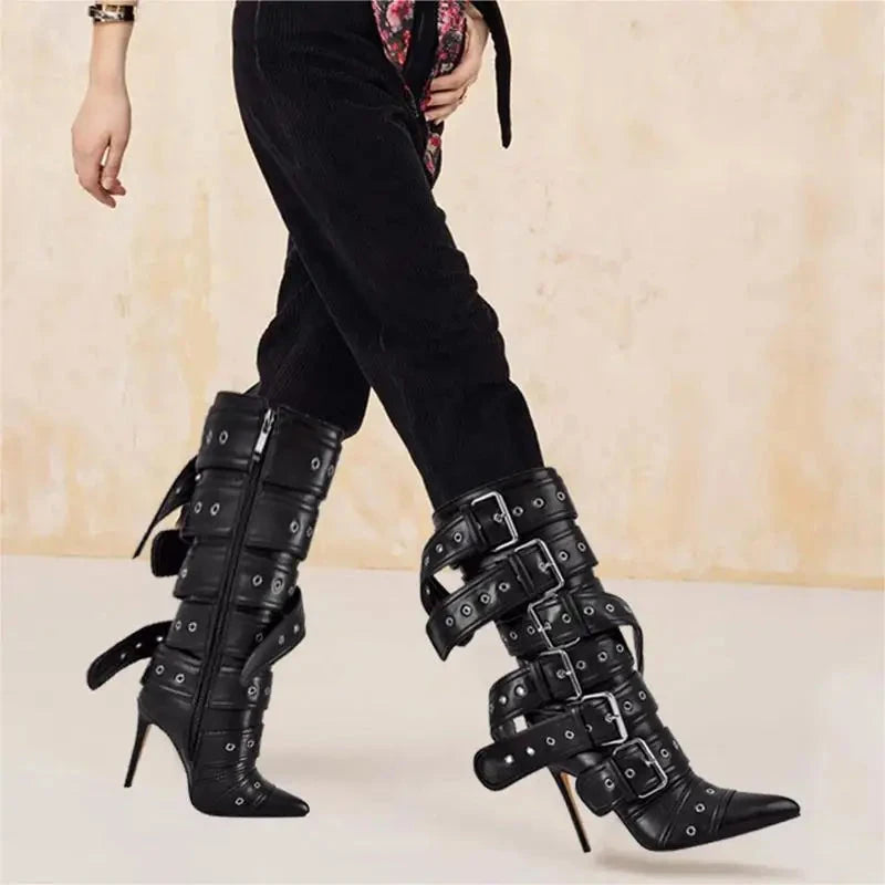 Onlymaker Women Pointed Toe Mid-Calf Boots Buckle Strap Thin GlowCart