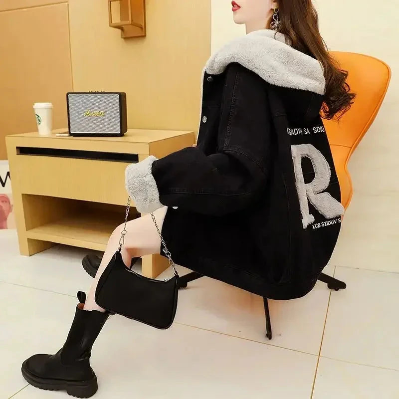 Women's Petite Fleece-lined Thickened Denim Jacket 2024 New GlowCart