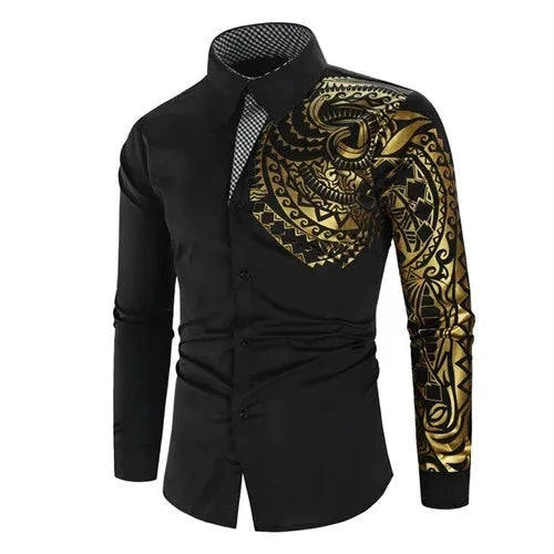 Men's White Long-sleeved Shirt with Gold Print Decoration, GlowCart