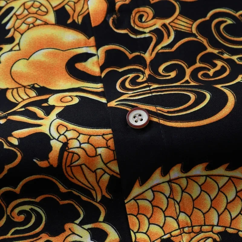 Thin Black Men's Long-sleeved Printed Shirt, Chinese Dragon GlowCart