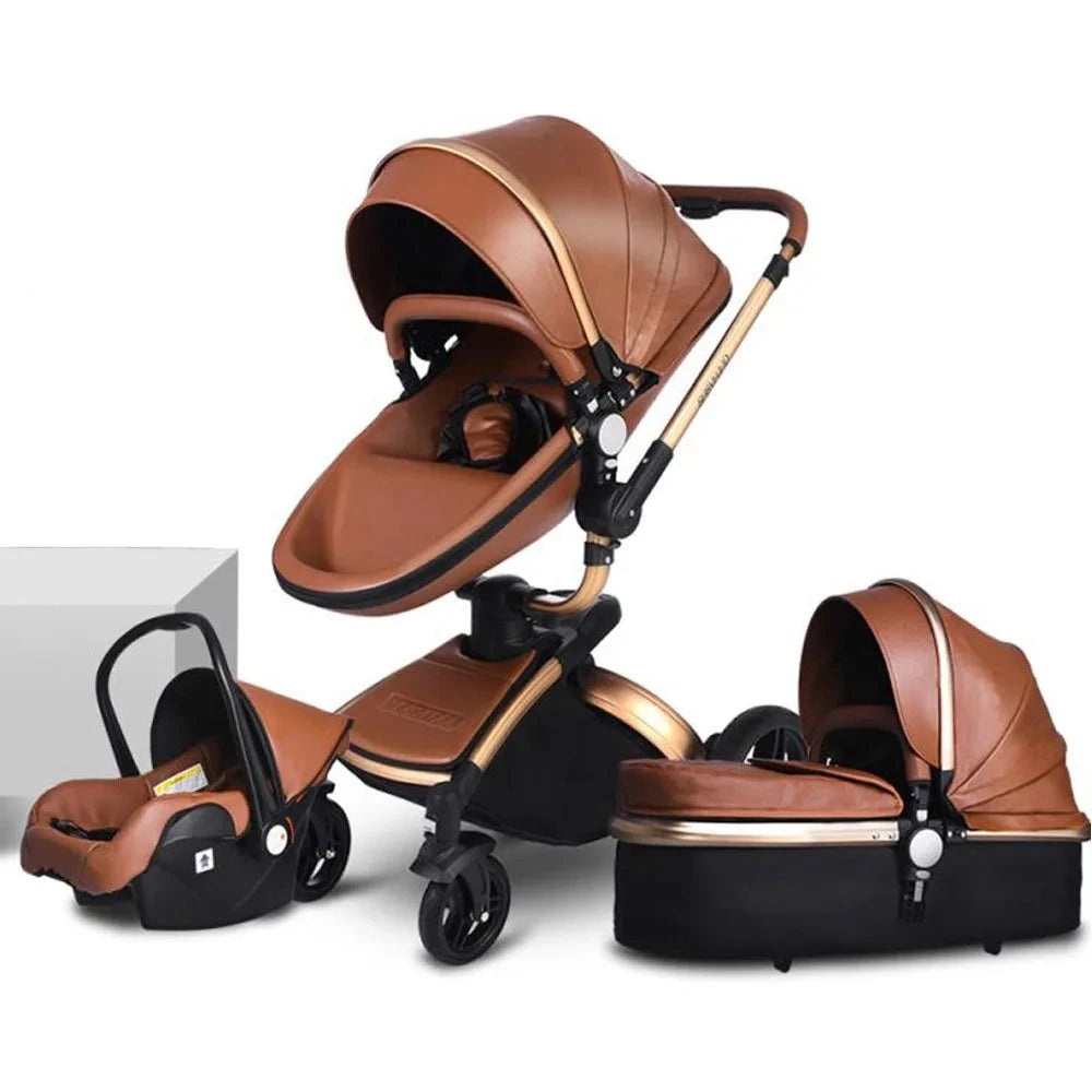 New PU leather baby stroller 3 in 1,High-Grade Baby Stroller High Landscape Infant Carriage,Luxury Baby Stroller,Folding pram GlowCart