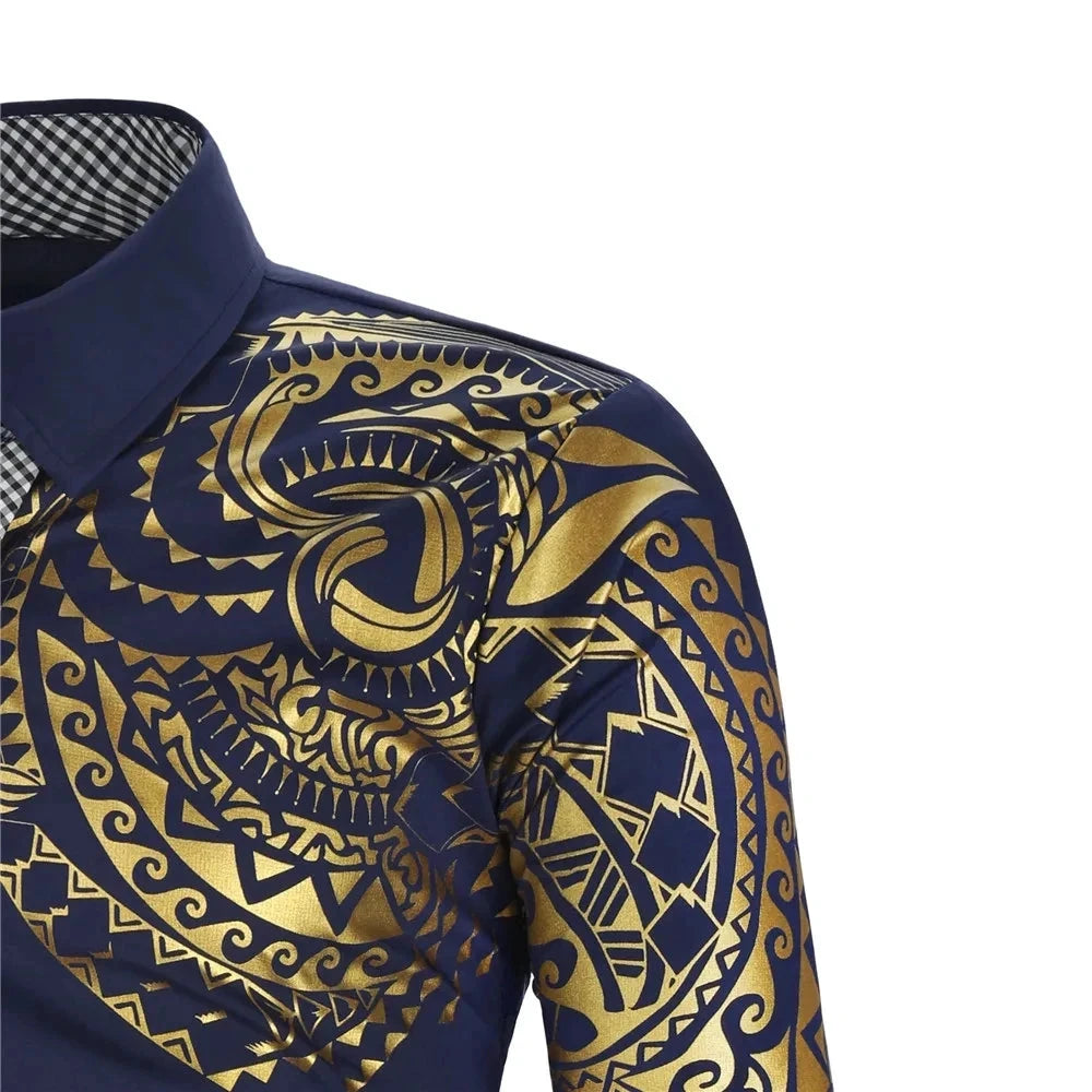 Men's White Long-sleeved Shirt with Gold Print Decoration, GlowCart