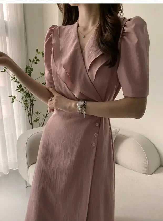 Summer New Chic V-ne Turn-down Collar Slimming Waist Midi Dr GlowCart