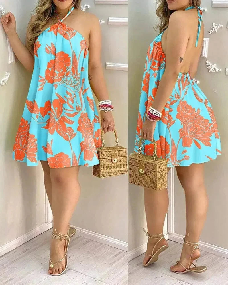 Tropical Print Halter Neck Dress, Vacation Style Backless GlowCart