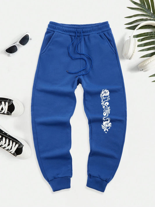 Creative Double Dragon Prints Sweatpants Men Street Fleece GlowCart