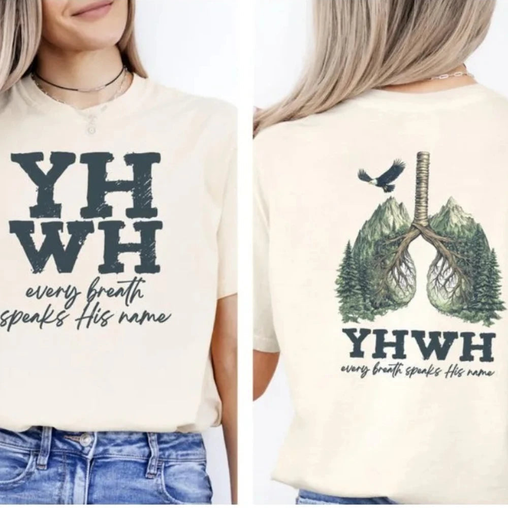 YHWH Womens T-shirt Short Sleeve Summer Casual Fashion Tops Cotton Tee Every Breath Speaks His Name Yahweh Tree Lungs Design Tee GlowCart