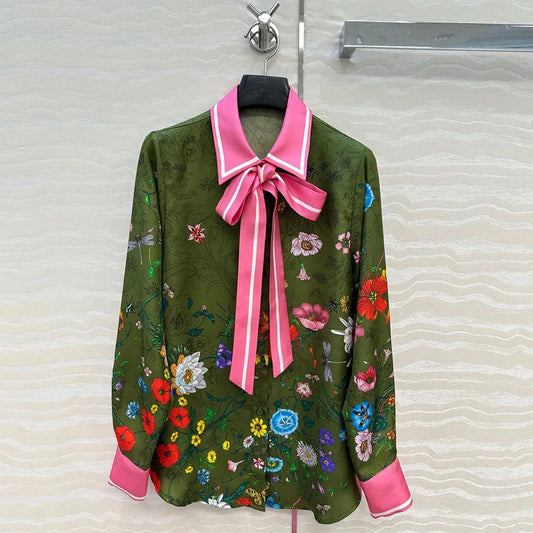 Vintage Floral Print 100% Twill Silk Shirt Women Lapel GlowCart
