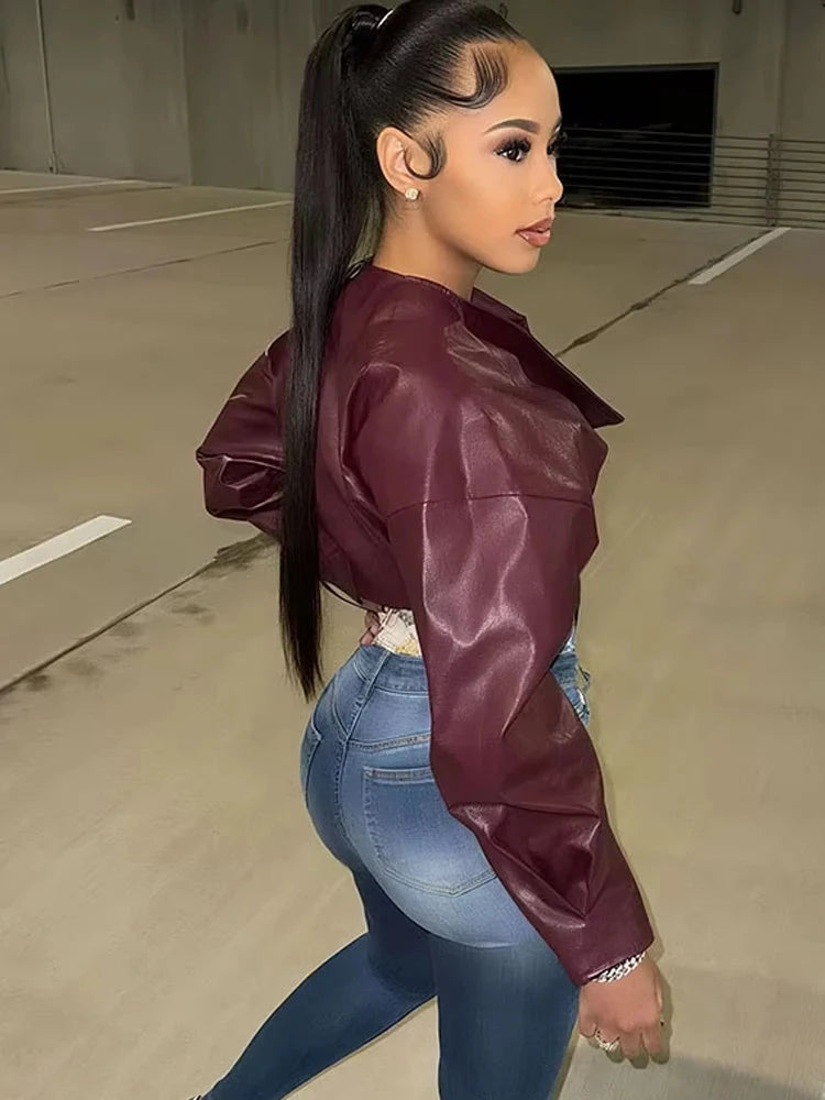 Sisterlinda Faux Leather Single Button Crop Jacket Women GlowCart