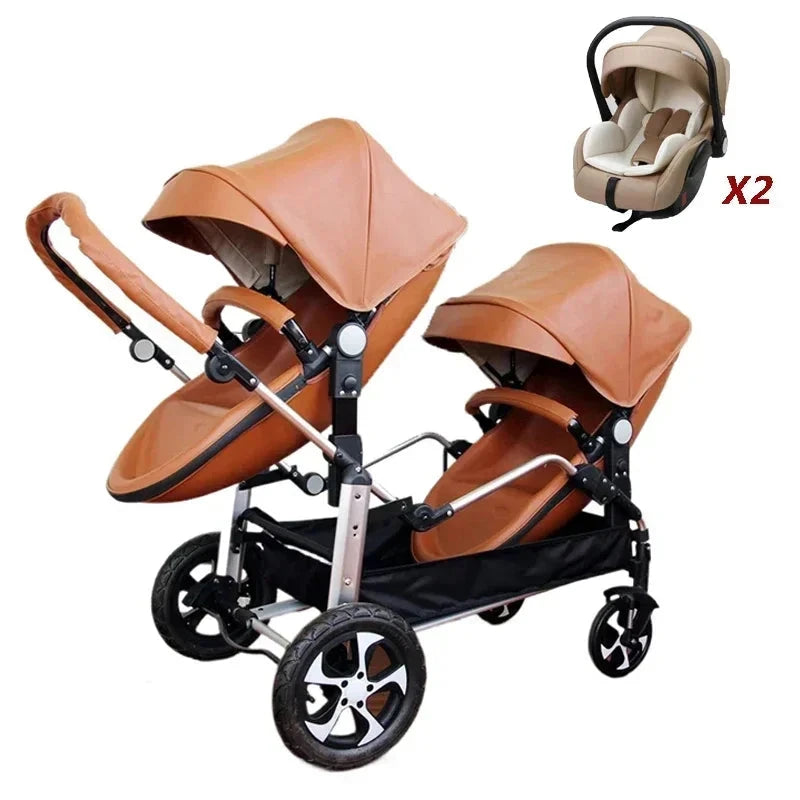 NEW luxury Twins baby stroller 3in1 high landscape new PU leather double stroller baby carriage twin strollers for 2 kids GlowCart