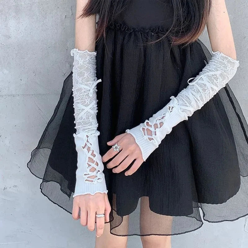 Women Lolita Jk Lace Fingerless Gloves Black Gothic DIY GlowCart