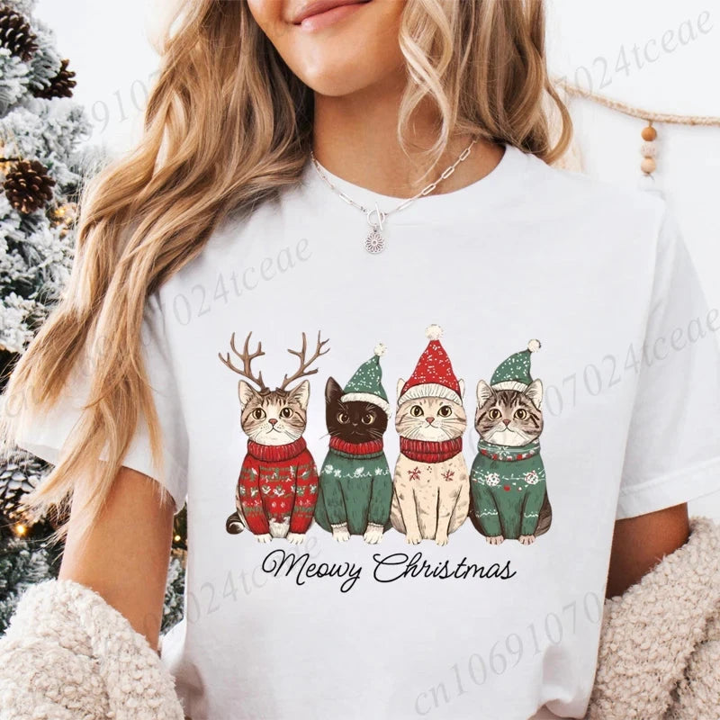 Meowy Christmas Cat Print Women Fashion T Shirt Girl O Neck GlowCart
