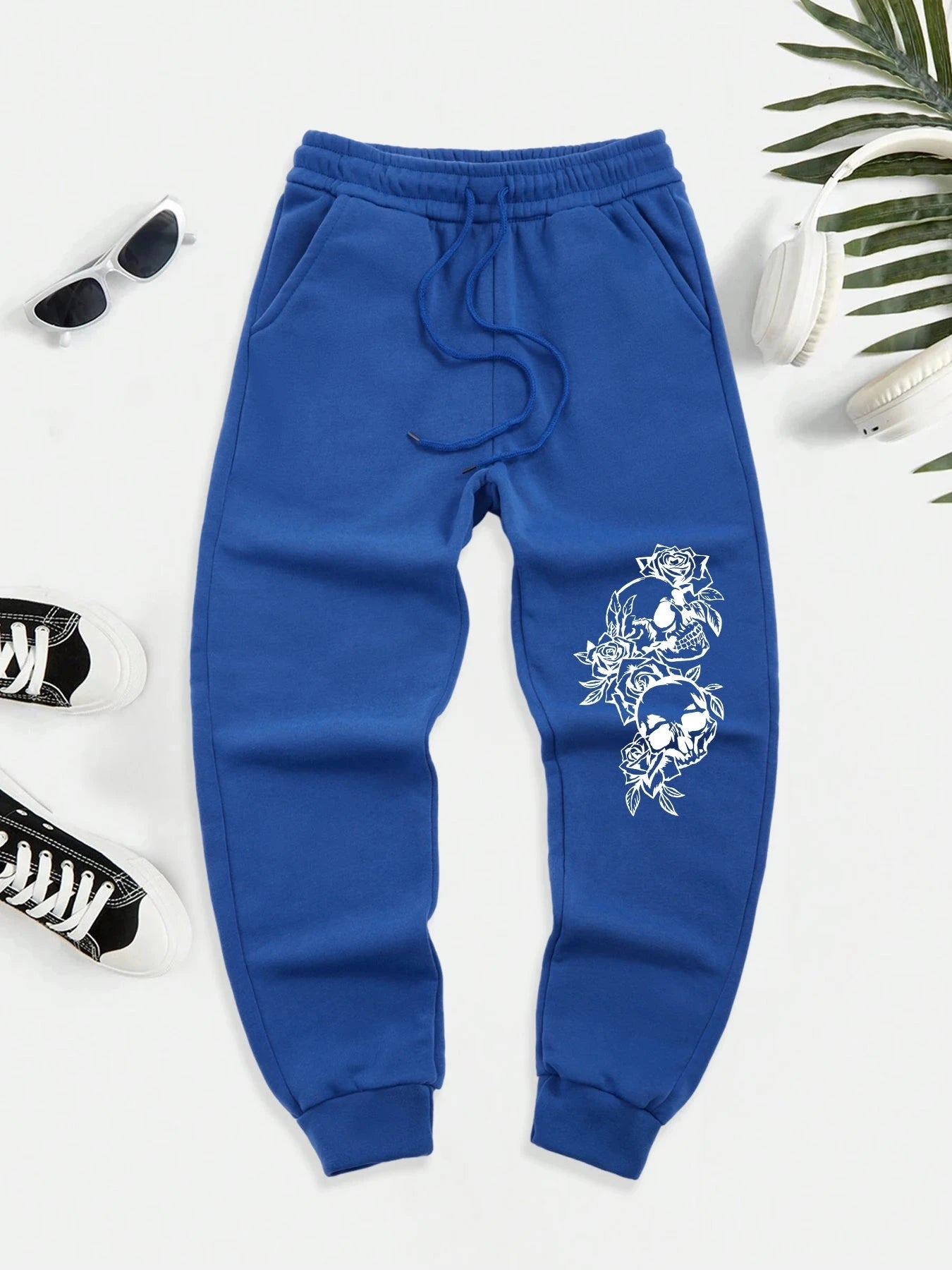 Skeleton Surrounded By Roses Printed Warm Men Long Pant GlowCart