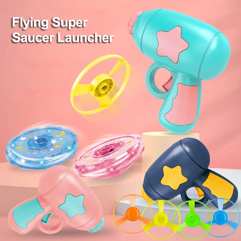 Children Saucer Launcher Pistol Outdoor Spinning Top Dinosaur Gun Toys Flying Disc Bamboo Dragonfly Ejection Luminous Gyroscope GlowCart