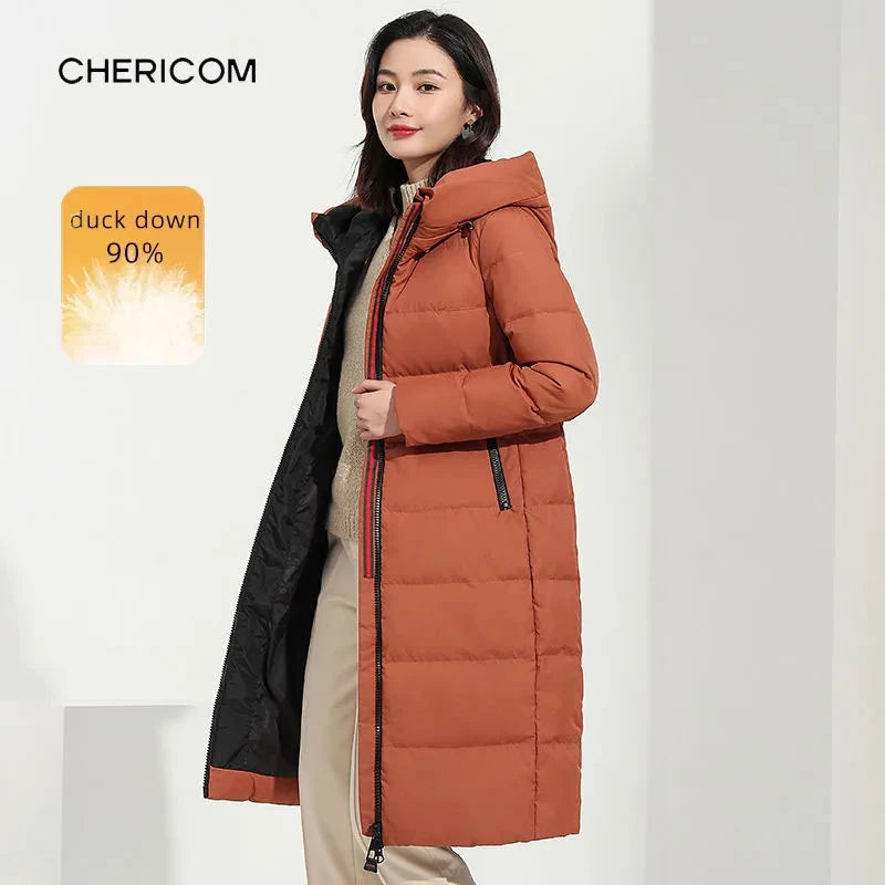 Chericom Women's Red Long Hooded Down Jacket Winter Hooded GlowCart