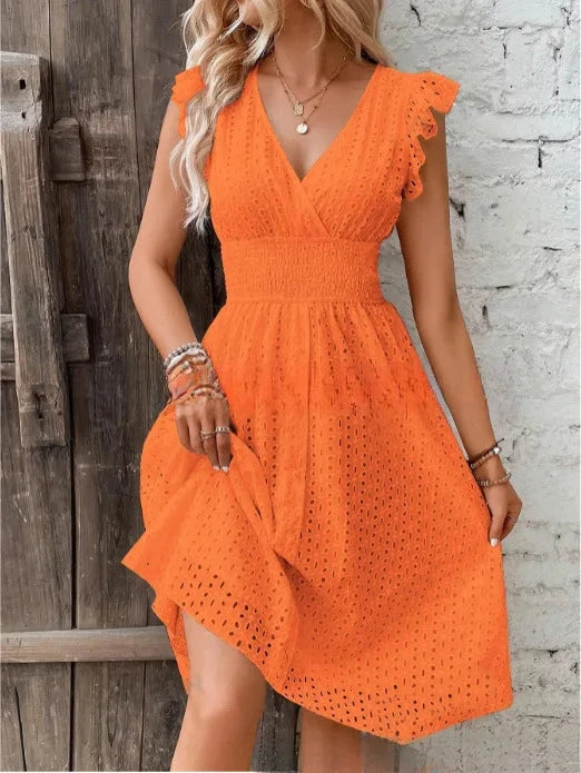 Summer Women V-Neck Beach Dress Flare Sleeve Solid Color GlowCart