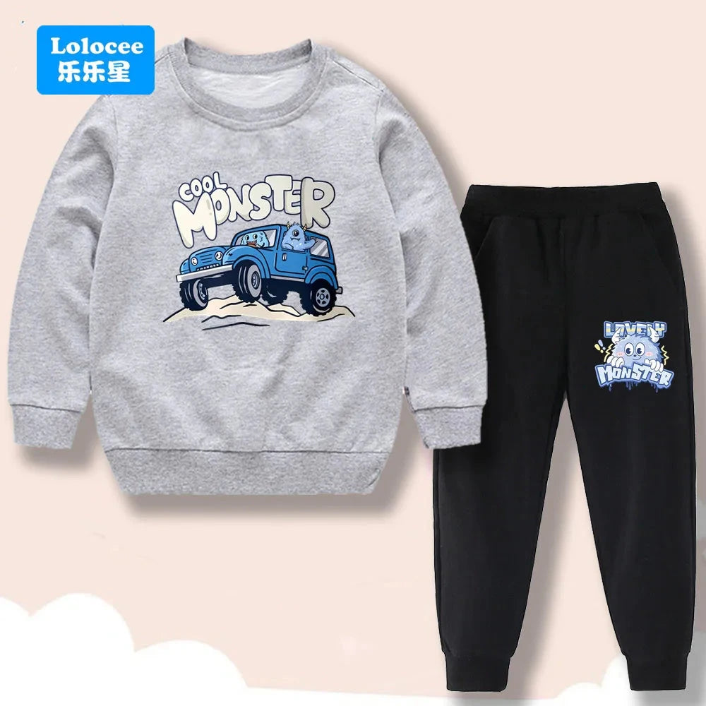 Spring/Autumn Children's Clothing Sets Cartoon Monster Print Boys' O Neck Sweatshirt Pants Two Piece Pullover Set for Kids GSJX1 GlowCart