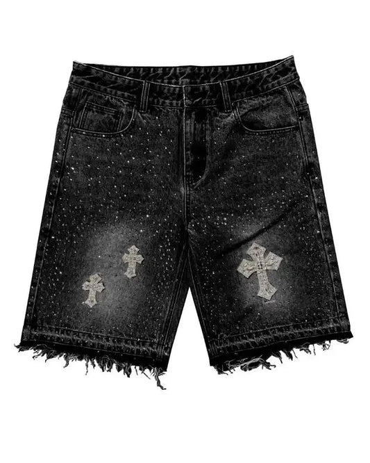 Vintage Cross Rhinestone Denim Shorts Y2K Jeans Mens Womens GlowCart