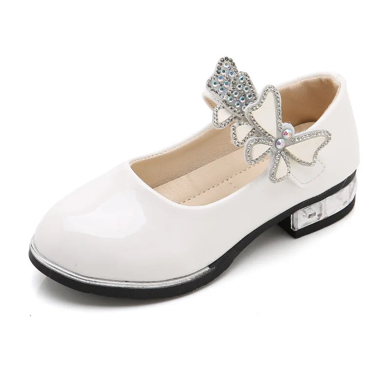 Girls Leather Shoes 2023 Spring Summer PU Patent Leather Kids Dress Shoes High Heels Butterfly-knot Dress Shoes for Wedding Chic GlowCart