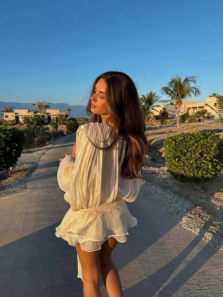 Vintage Puff Sleeve Ruffles Mini Dress Women Elegant Chic GlowCart