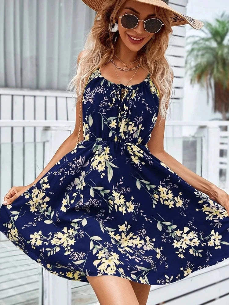 Sexy Floral Print Short Dress Women Summer Fashion Black GlowCart