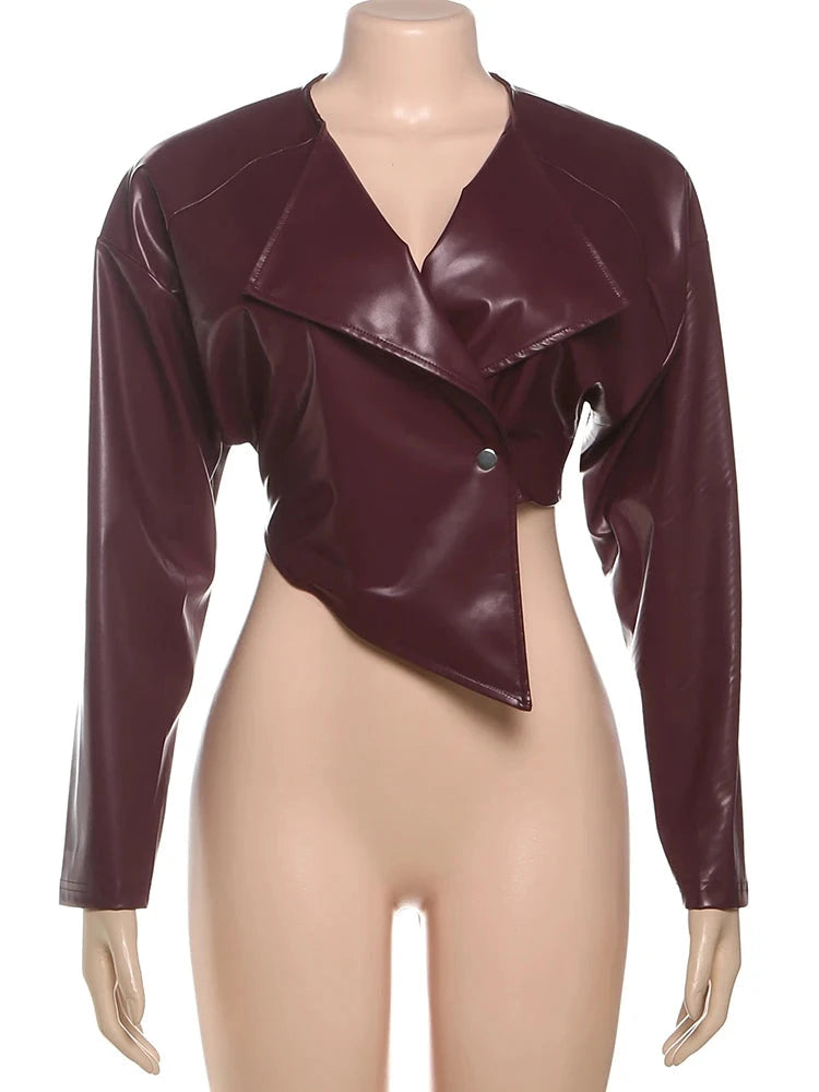 Sisterlinda Faux Leather Single Button Crop Jacket Women GlowCart