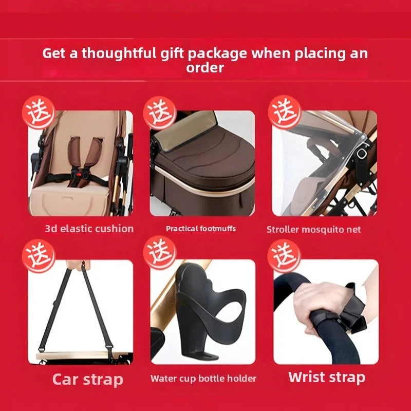 2025 New High-view Baby Stroller Can Sit or Lie Down, Lightweight and Foldable, Two-way Shock Absorption, Newborn Baby Hand Push GlowCart