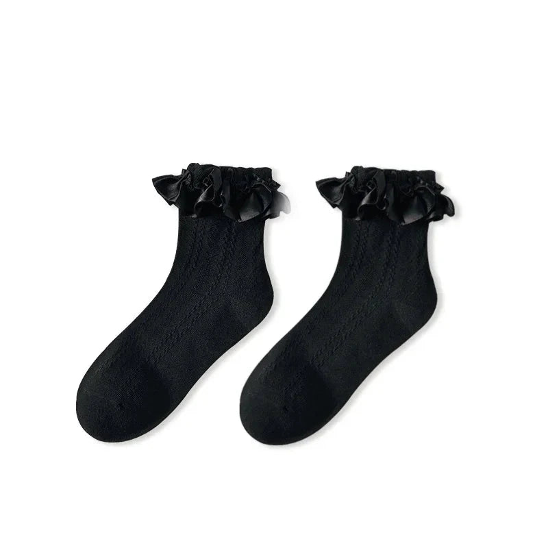 Woman Socks Solid Black White Lolita Lacework Ruffle Socks GlowCart