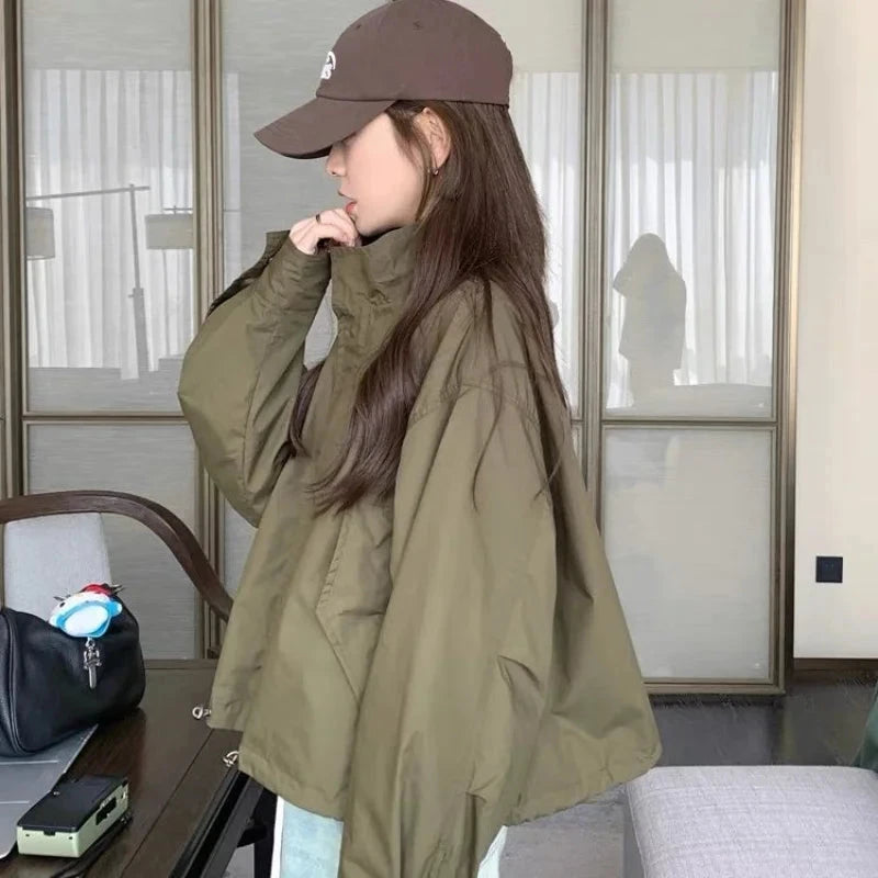 Military Green Stand Collar Short Windbreaker Women Early GlowCart