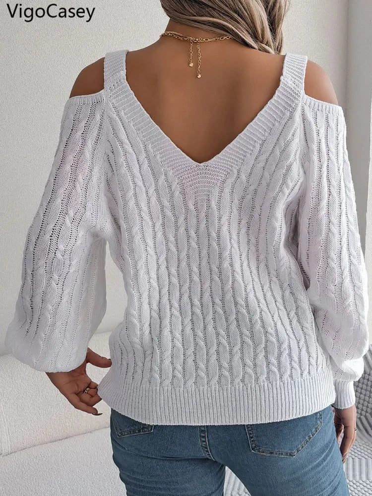 VigoCasey 2025 Winter Casual V Neck Knitted Sweater Women