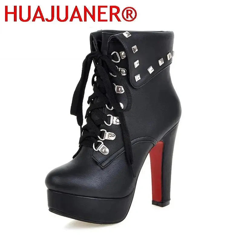 Winter Style Thick High Heels Rivets Lace Up Ankle Boots GlowCart