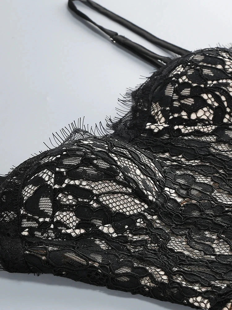 Sexy Spaghetti Strap V Neck Lace Long Dress Women Black GlowCart