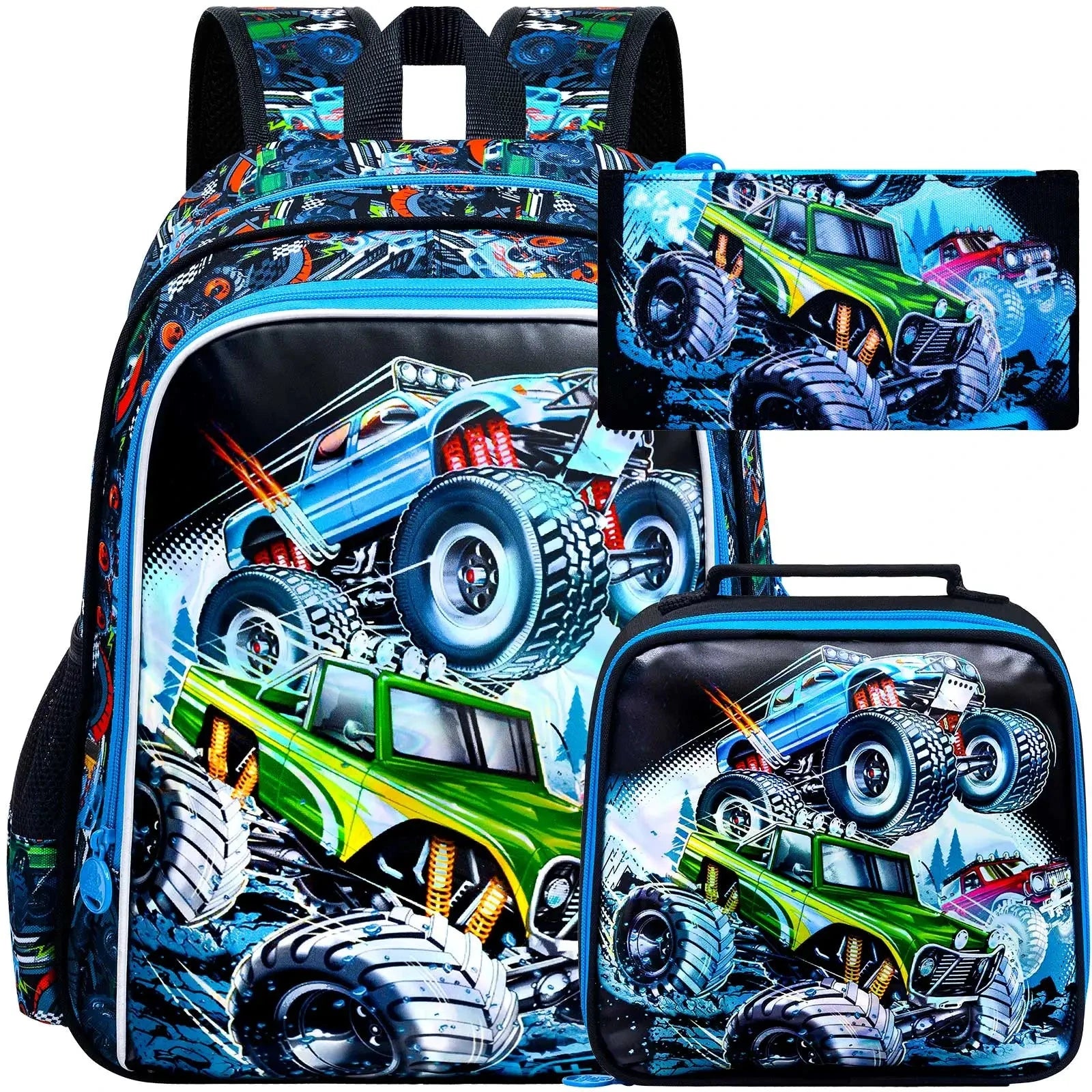 3PCS Boys Truck Backpack, Kids Car Bookbag with Lunch Box, Water Resistant School Bag for Elementary Preschool Toddler GlowCart