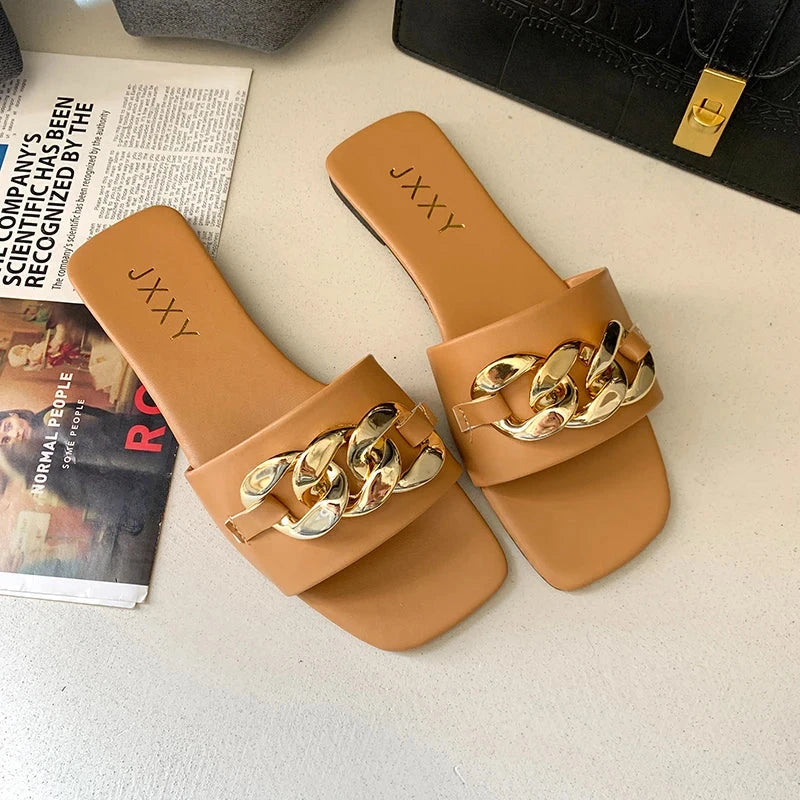 2025 New Fashion Women's Slippers Square Toe Chain Slippers GlowCart