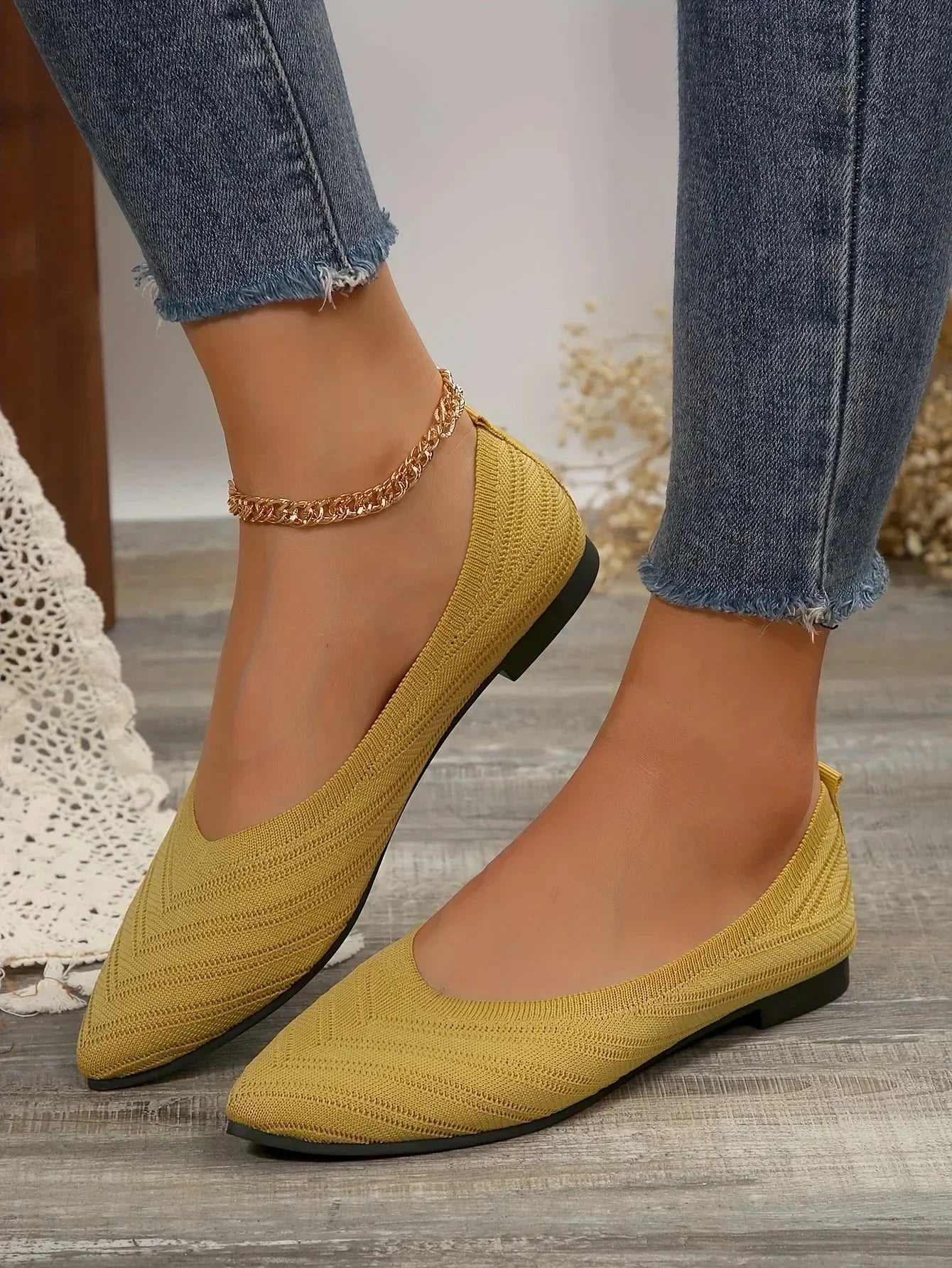 New 2024 Pointed Toe Flat Office Boat Solid Color Knitted GlowCart