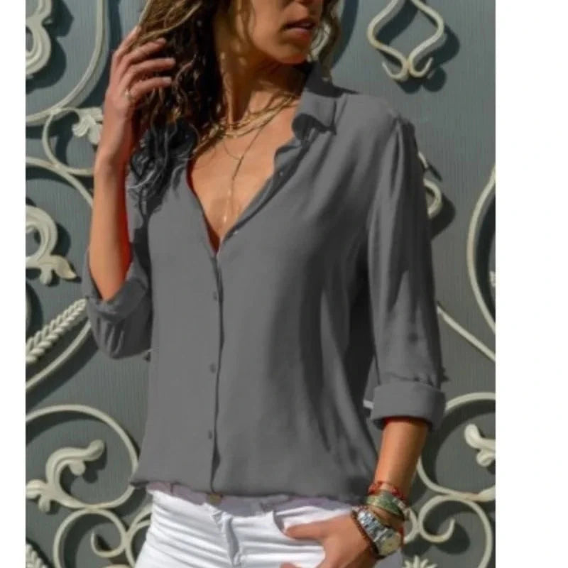 Women Elegant Solid Chiffon Blouse Spring Summer Casual Long GlowCart