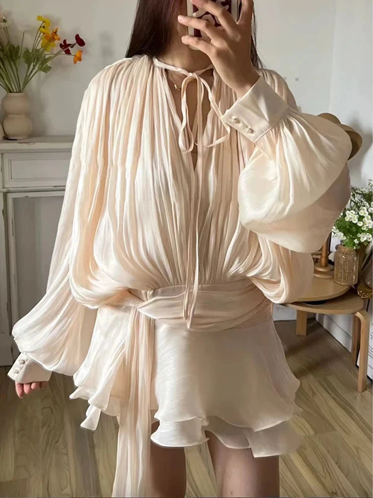 Vintage Puff Sleeve Ruffles Mini Dress Women Elegant Chic GlowCart