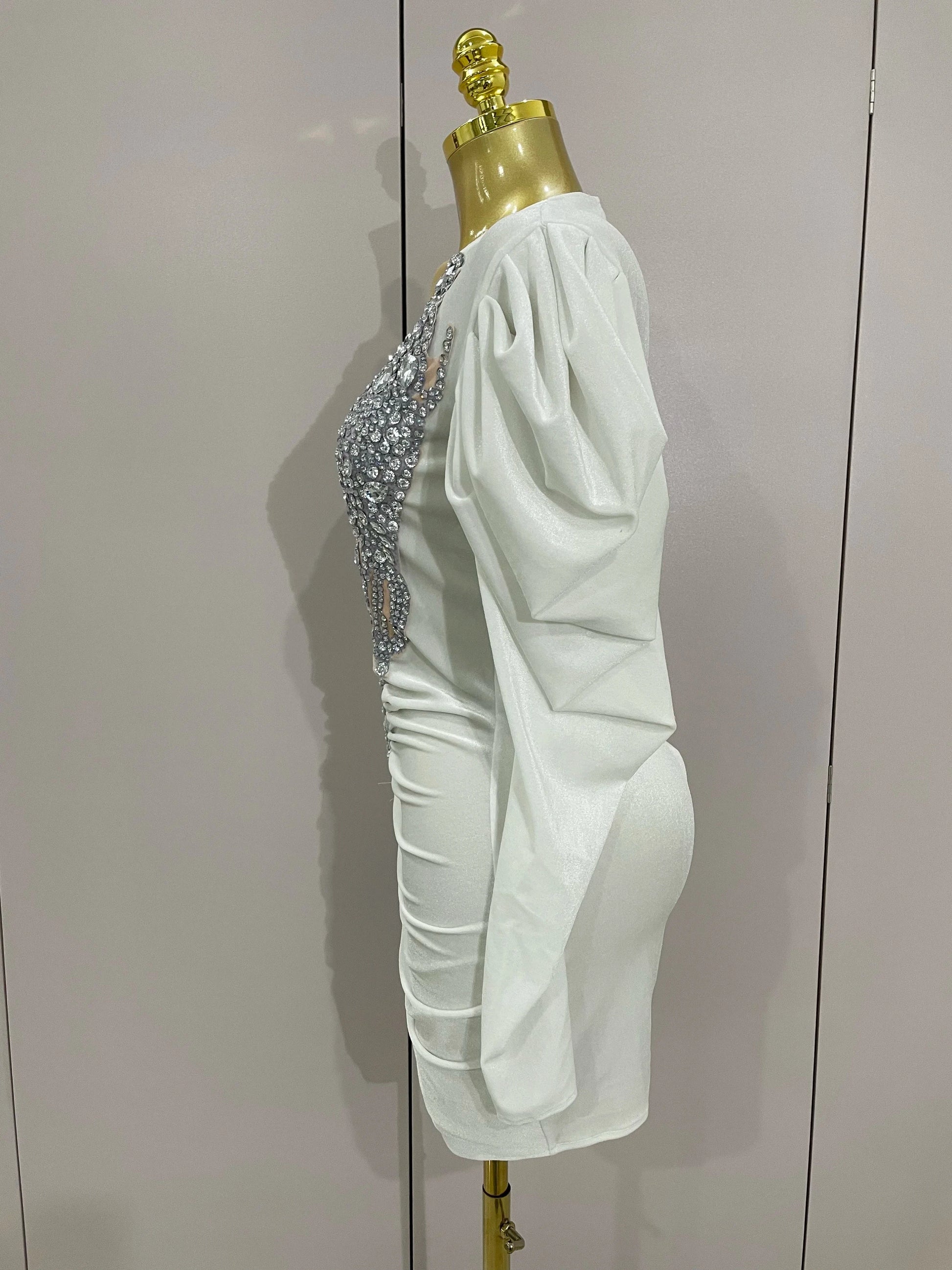 Luxury Sparkly Crystals Sexy Mesh White Velvet Short Dress GlowCart