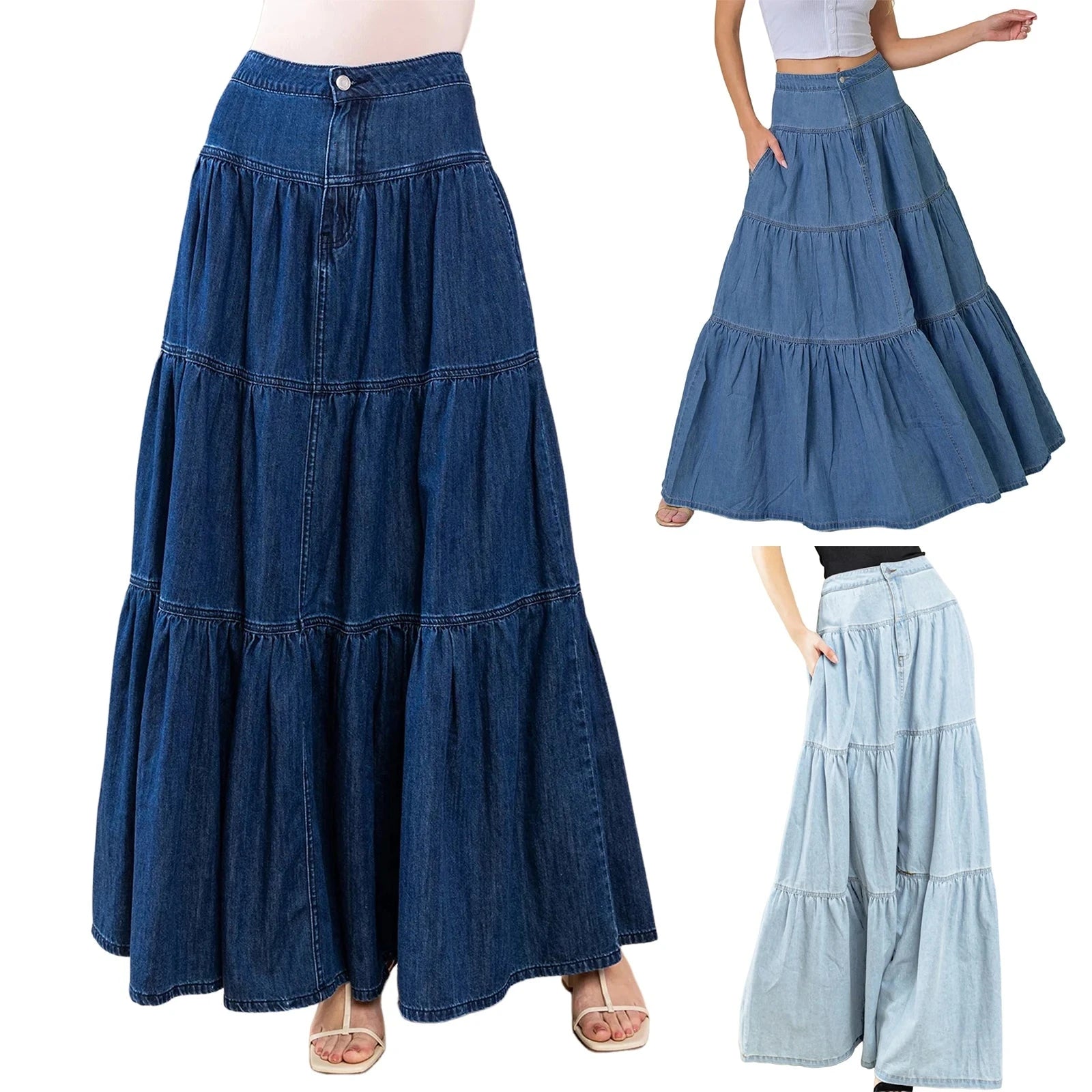 2025 New Fashion Women's Denim Long Skirt Stylish Solid High Waist A-Line Jean Skirt for Summer & Spring GlowCart